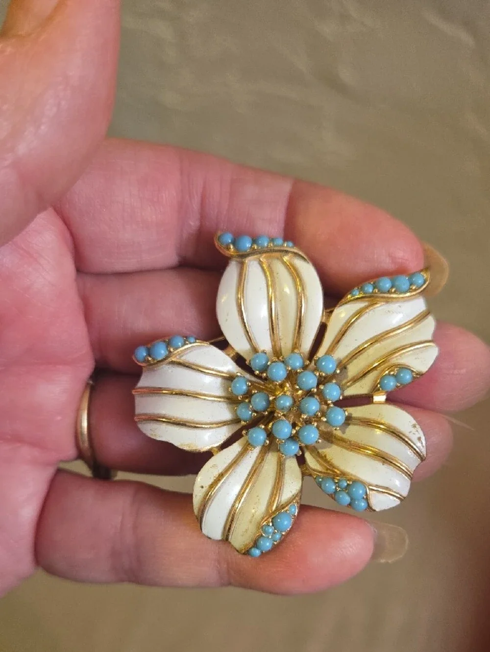 Gold-Trim White Enamel Floral Brooch with Blue Accent Beads